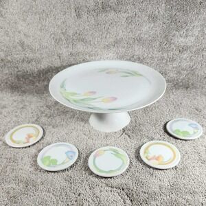 Westbury Toscany Collection Cake Stand and Coasters Floral Porcelain Japan White